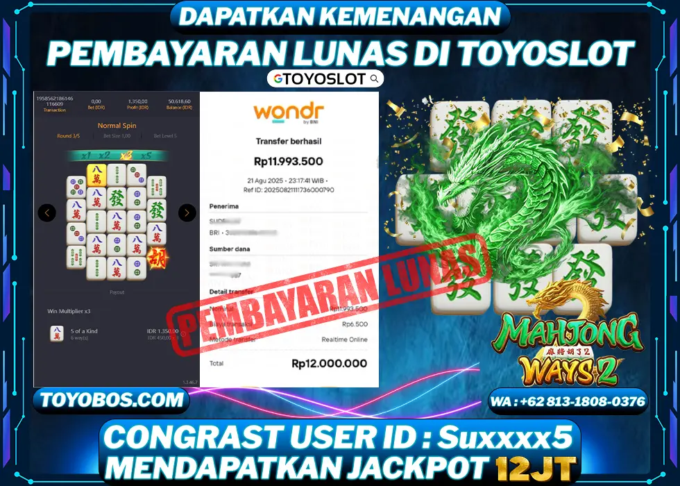 TOYOSLOT - BUKTI KEMENANGAN Mahjong Ways 2 Rp12,000,000,- LUNAS